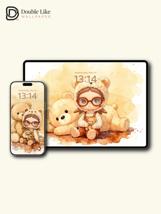 Cozy Teddy Bear Hug Wallpaper – Cute Big-Eyes Kid Watercolor Lock Screen Set  [#JJ228]