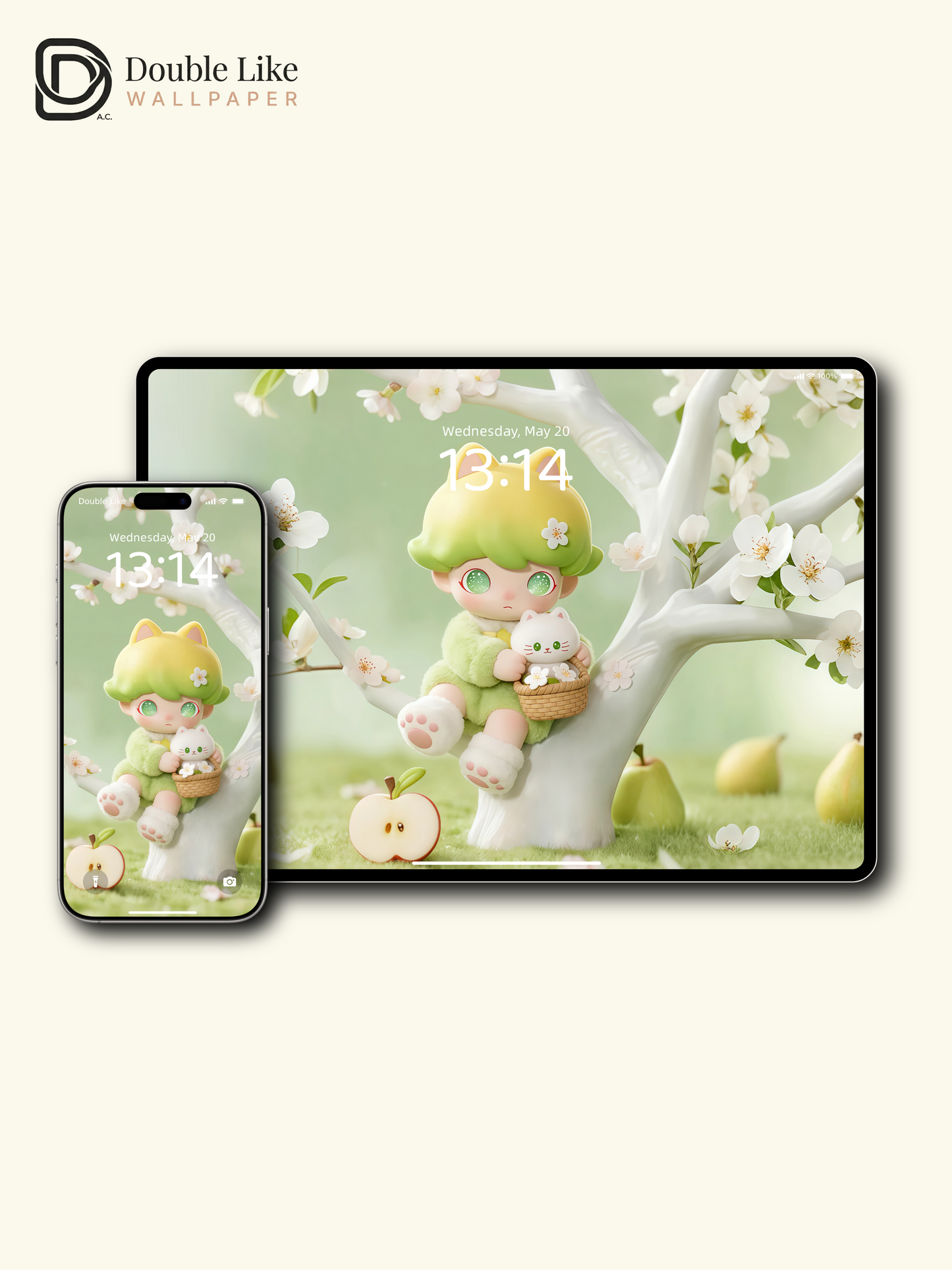 Apple Tree Spring Day 🍏 Cute Healing Green Wallpaper Set Phone & Table [#JJ156]