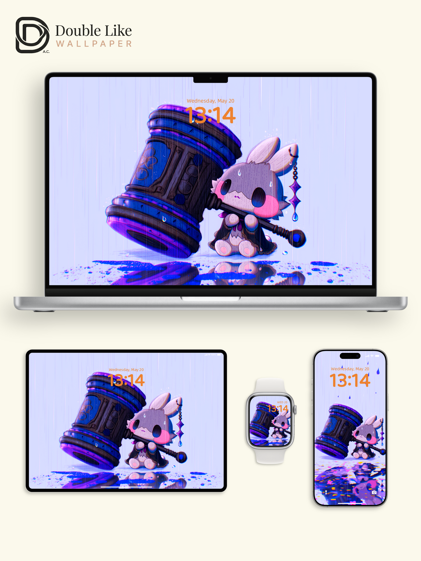 Cute Masked Bunny Giant Mallet Rainy Purple Aesthetic Wallpaper Pack [#HW1511]