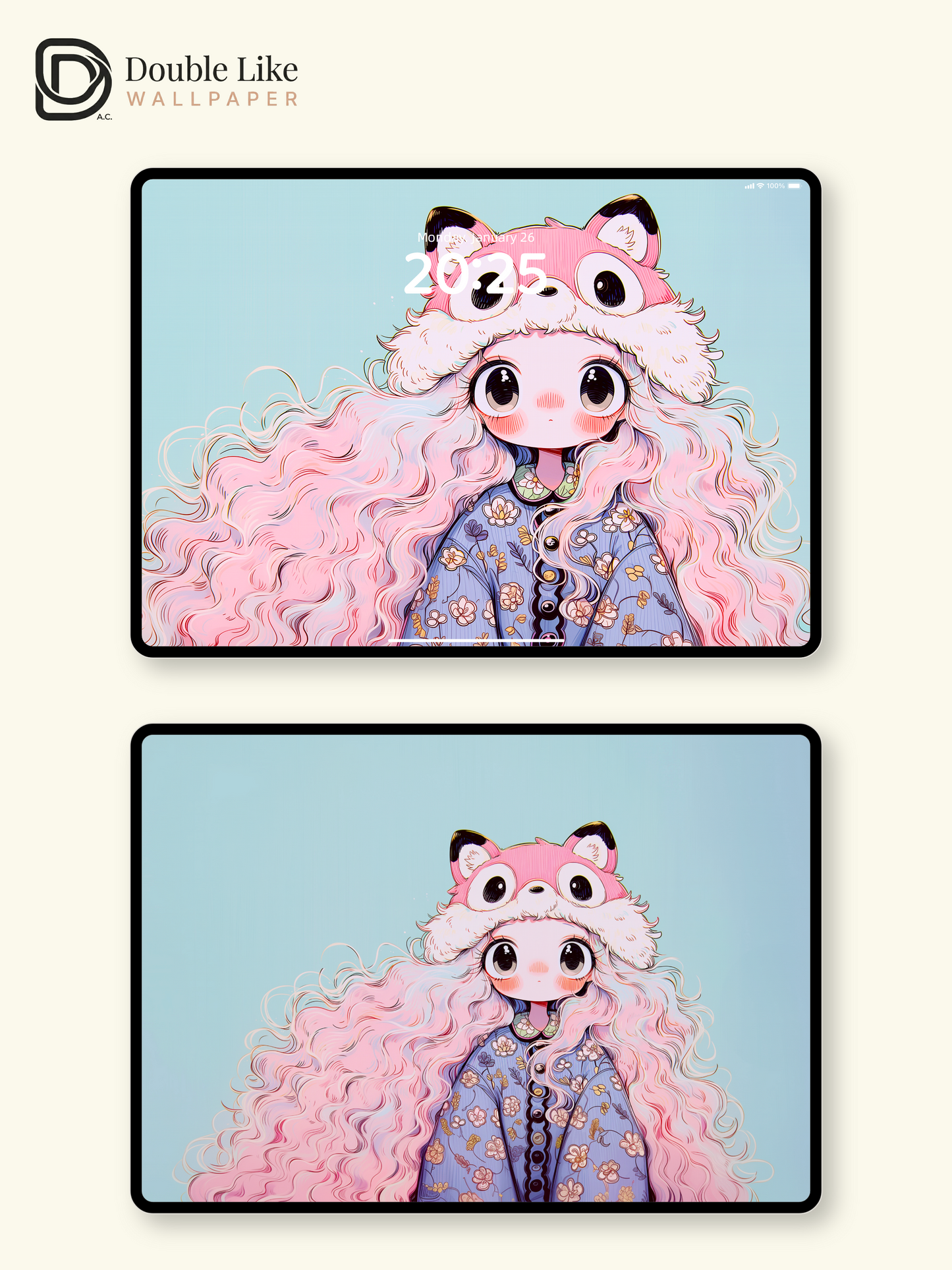 Kawaii Anime Girl Pink Fox Hat Floral Wallpaper [#HW1479]
