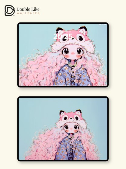 Kawaii Anime Girl Pink Fox Hat Floral Wallpaper [#HW1479]