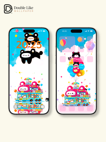 Cute Kawaii Animals Pink Bus Party Summer Aesthetic Wallpaper Pack [#HW1506]