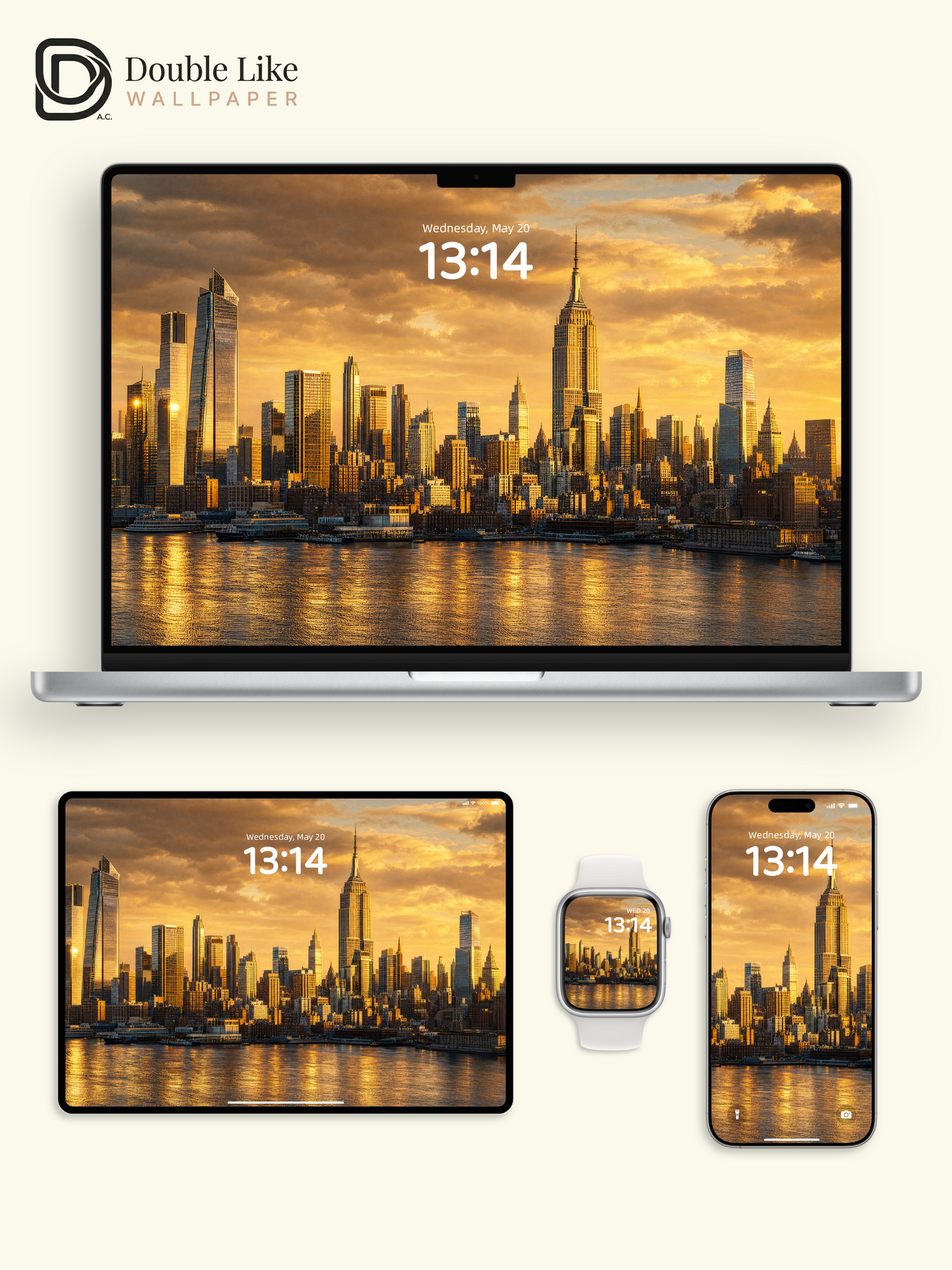 New York City Skyline Golden Sunset River Landscape Wallpaper Pack [#ZJYR004]