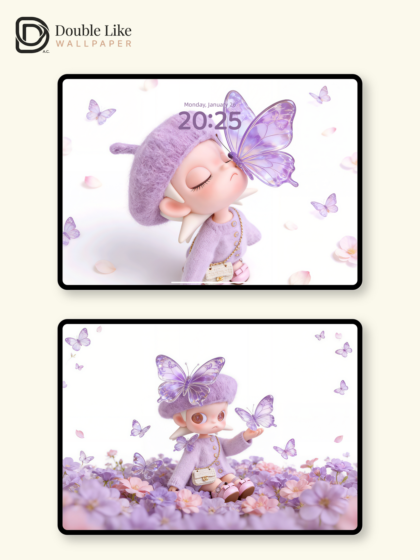 Purple Butterfly Fairy Dream Wallpaper – Cute 3D Doll Crystal Butterfly Lock Screen Set [#JJ375]