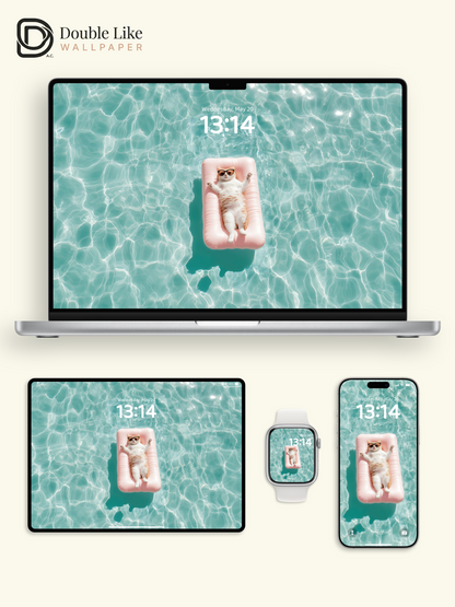 Cute Cat Floating on Pool Ring Summer Aesthetic Wallpaper Pack [#ZJY546]