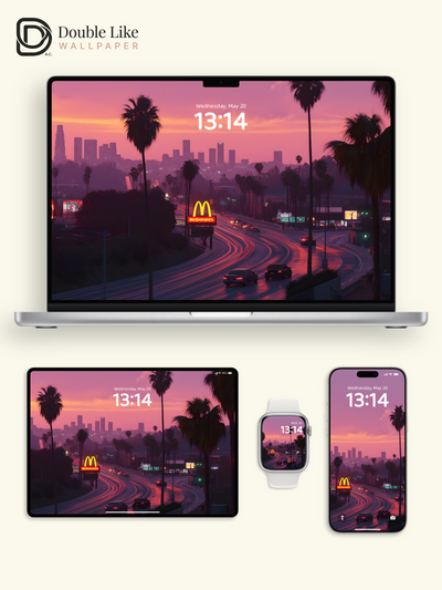 Cyberpunk Sunset Cityscape Palm Trees Aesthetic Wallpaper Pack [#ZJY132]