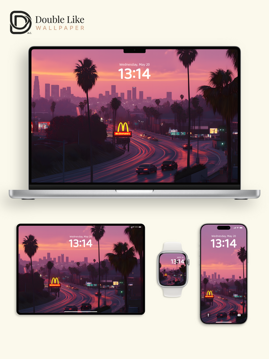 Cyberpunk Sunset Cityscape Palm Trees Aesthetic Wallpaper Pack [#ZJY132]