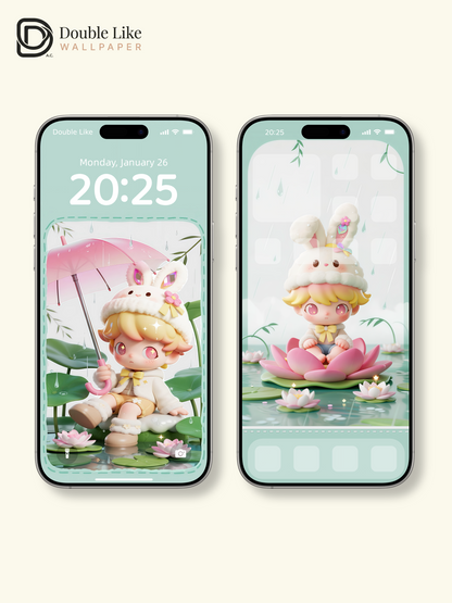 Rainy Lotus Bunny 🌧️ Cute Healing IP Wallpaper Set Phone & Tablet [#JJ190]