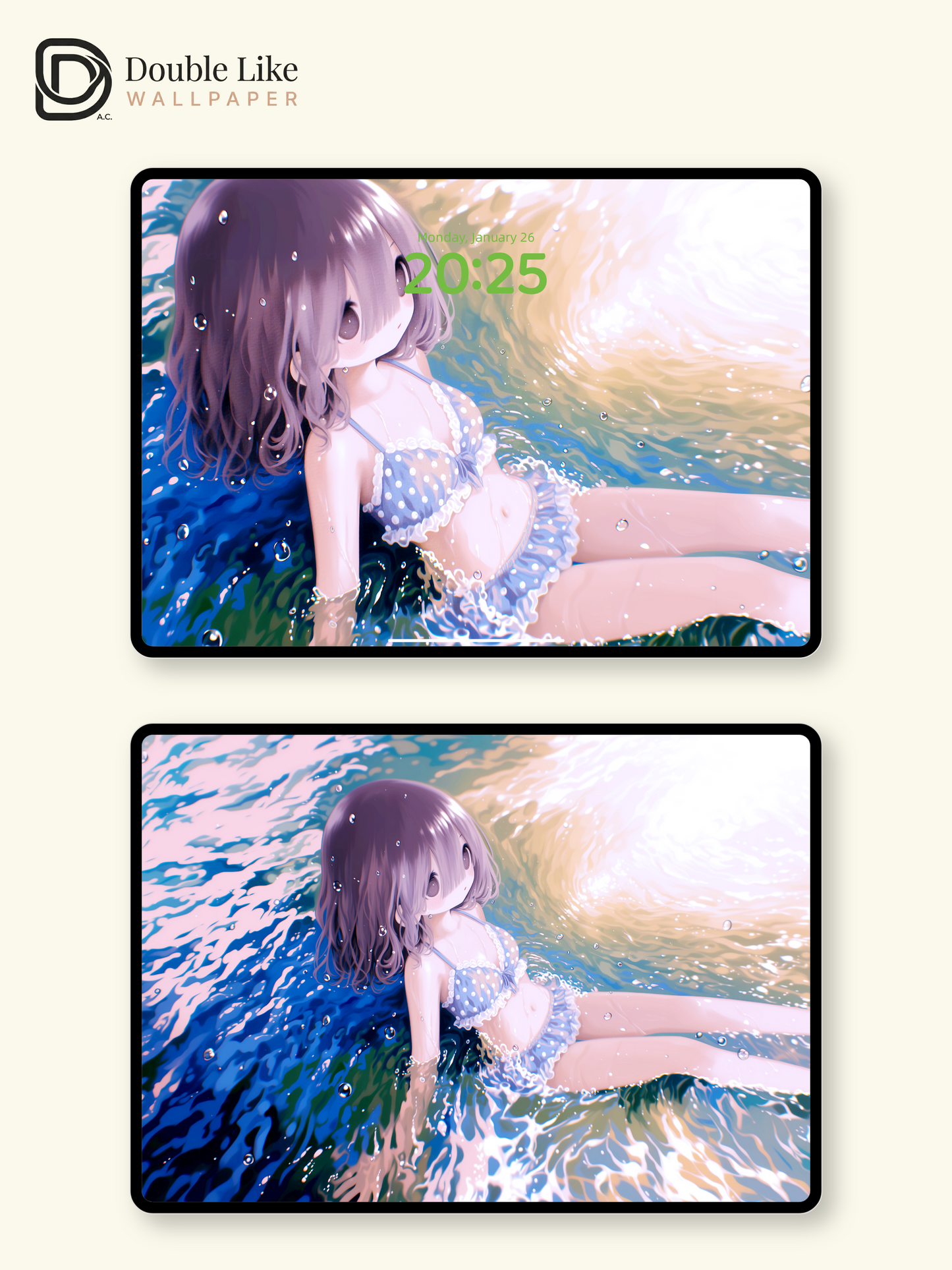 Cute Anime Girl Summer Ocean Water Waves Kawaii Aesthetic Wallpaper [#HW1468]