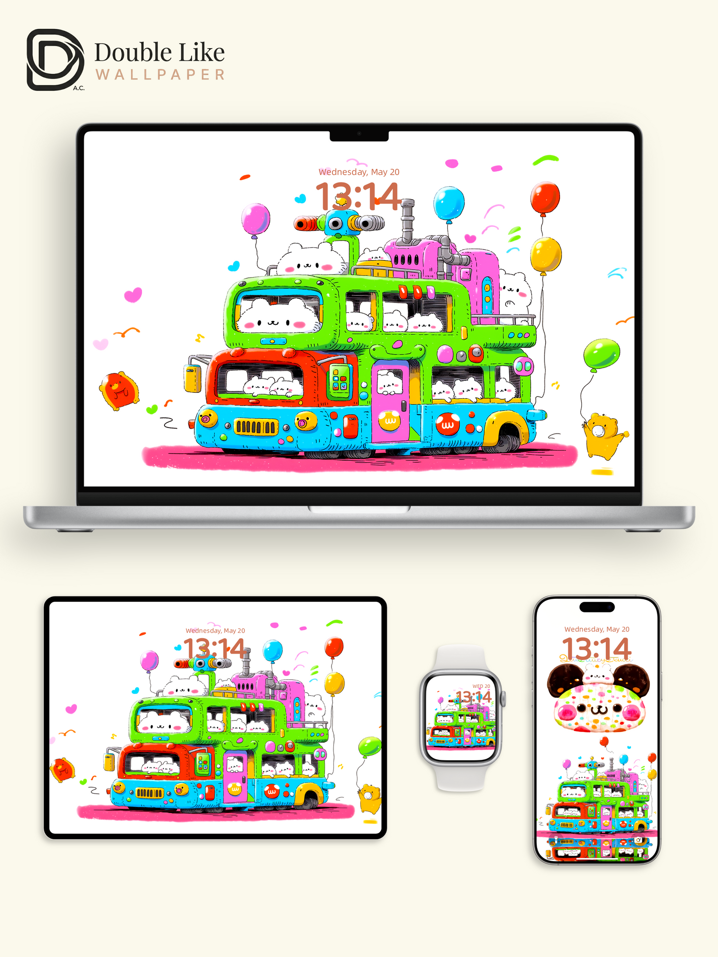 Cute Kawaii Animals Colorful Double Decker Bus Aesthetic Wallpaper Pack [#HW1504]