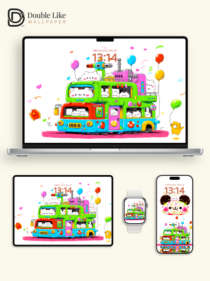 Cute Kawaii Animals Colorful Double Decker Bus Aesthetic Wallpaper Pack [#HW1504]