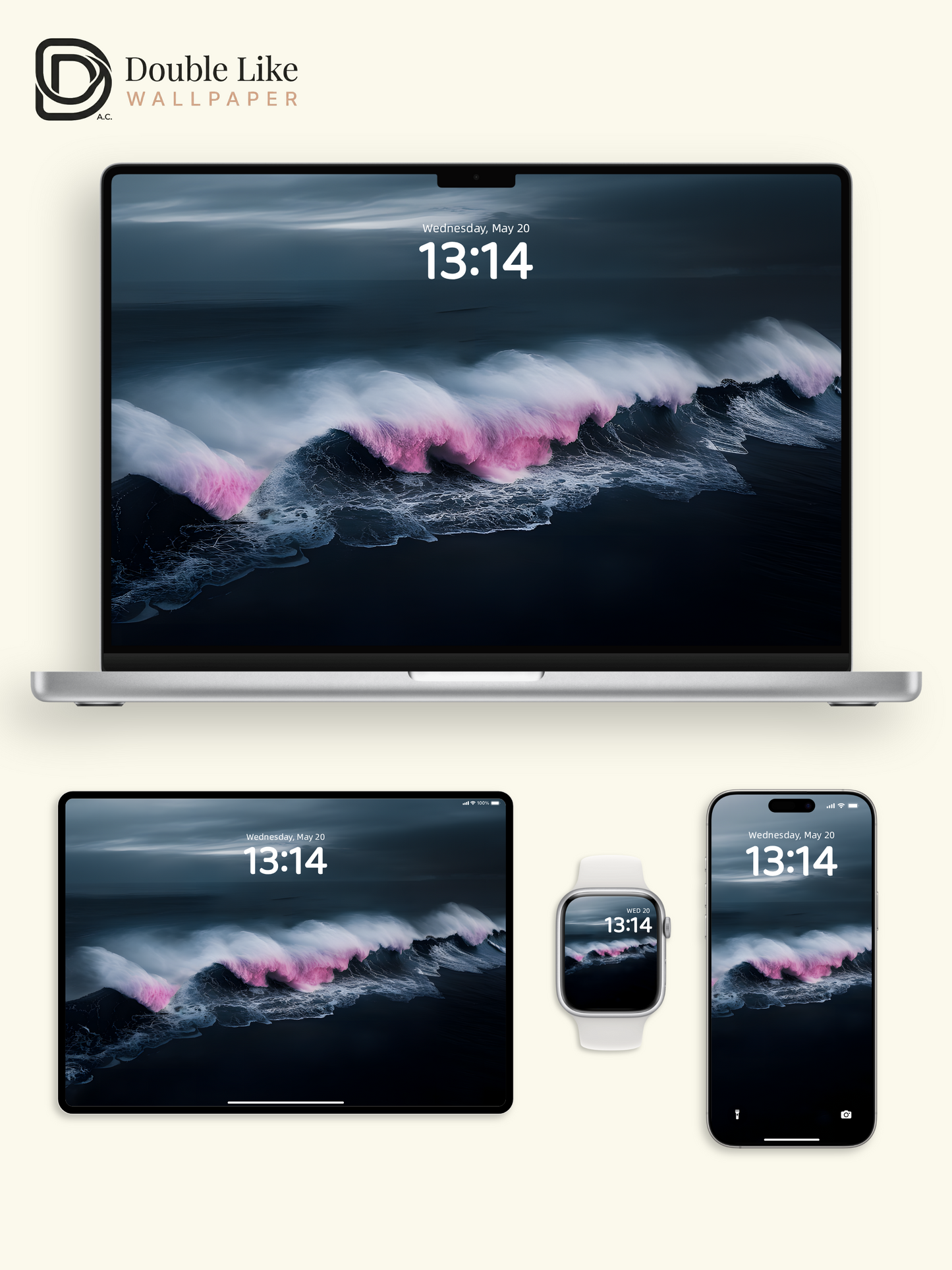 Atmospheric Pink Foam Dark Ocean Wave Wallpaper Pack, Compatible with iPhone & Android Lock Screen, Tablet, PC & Smart Watch HD Wallpapers [#ZMY016]