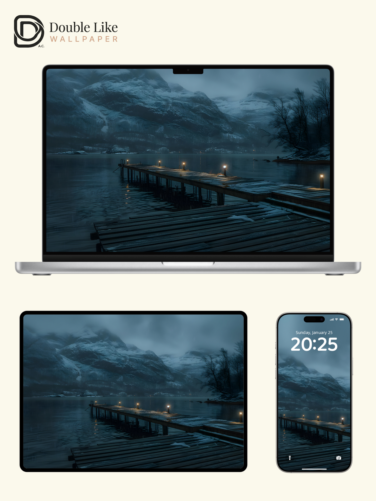 Snowy Mountain Lake Night Calm Nature Wallpaper [#ZJYX0175]