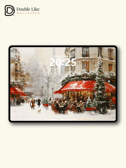 Cozy Christmas Paris Cafe Snow Illustration Aesthetic Wallpaper Pack [#WGF073]