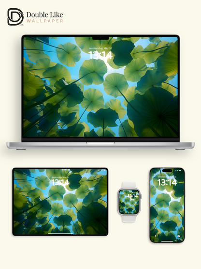 Green Lotus Leaves Sunlight Under-Leaf Aesthetic Lock Screen Wallpaper Pack [#ZJYX0538]