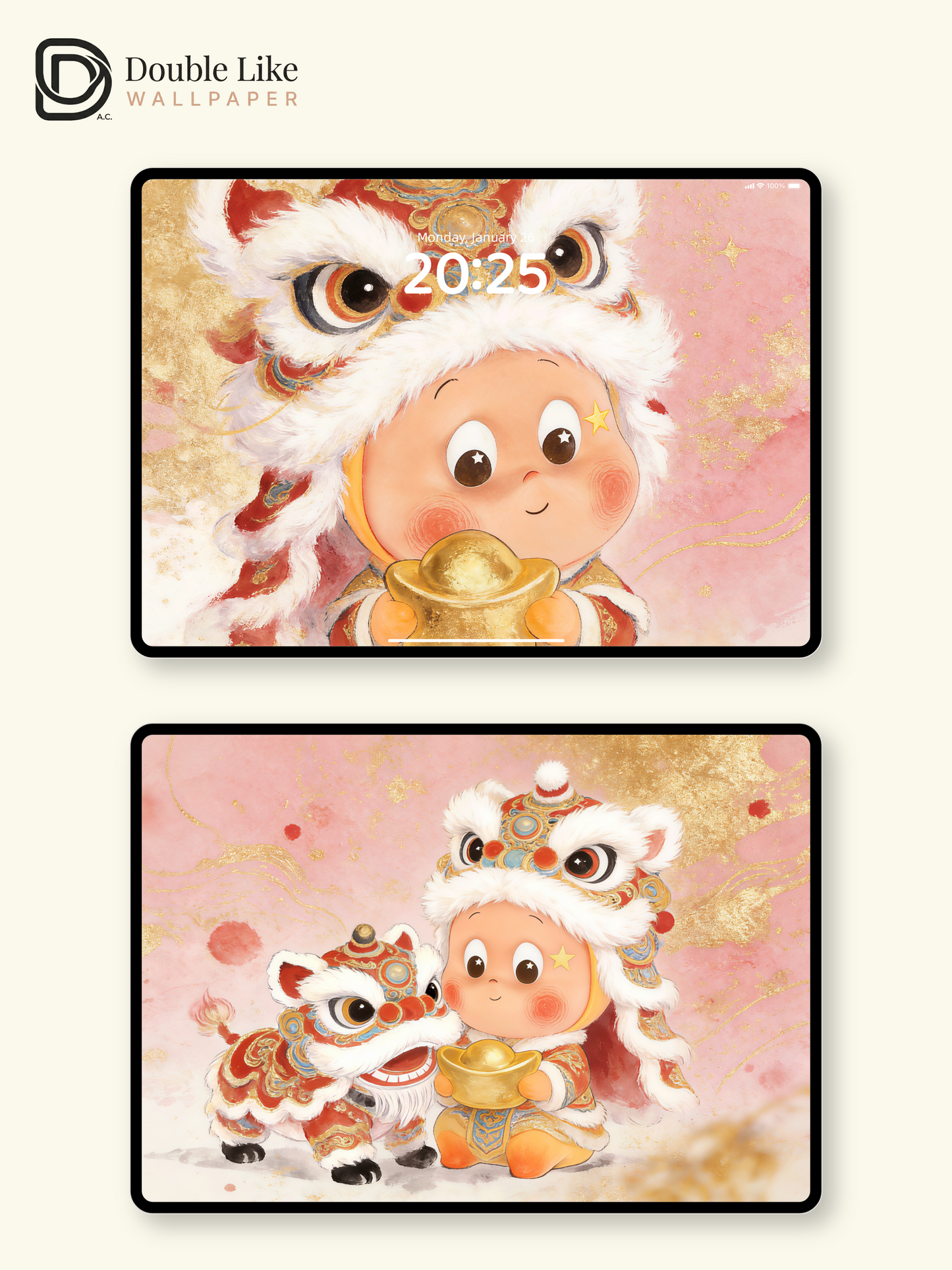 Pink & Gold Lion Dance Lucky Ingot Happy New Year Full Wallpaper Pack [#JJ315]