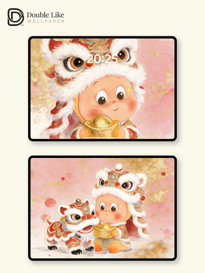 Pink & Gold Lion Dance Lucky Ingot Happy New Year Full Wallpaper Pack [#JJ315]