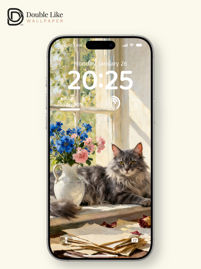 Vintage Oil Painting Fluffy Maine Coon Cat Window Flowers Aesthetic Wallpaper Pack [#ZMY497]
