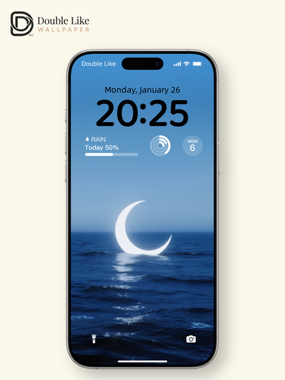 Glowing Crescent Moon On Deep Blue Sea Minimal Dreamy Ocean Wallpaper Pack [#LFHL30504]