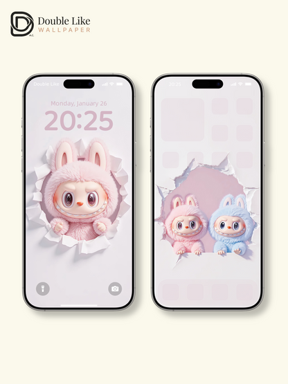 Pink & Blue Twin Dream · Cute Bunny Breaking Wall Wallpaper Set [#JJ94]