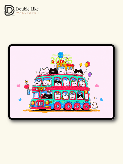 Cute Kawaii Animals Double Decker Party Bus Aesthetic Wallpaper Pack [#HW1502]