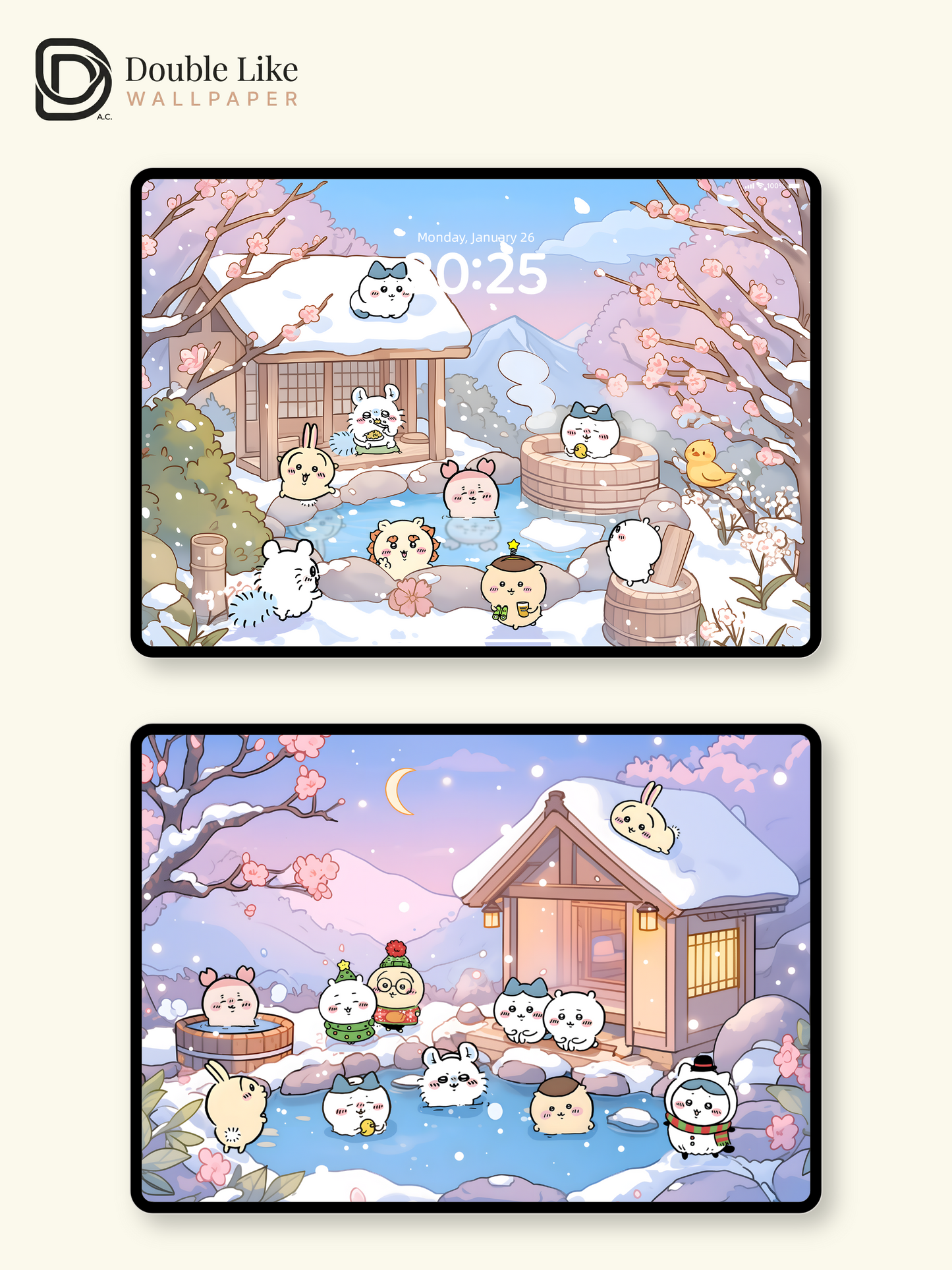 Snowy Onsen & Cherry Blossoms – Cute Animal Winter Healing Wallpaper Set (Lock Screen + Home Screen) [#CKW302]