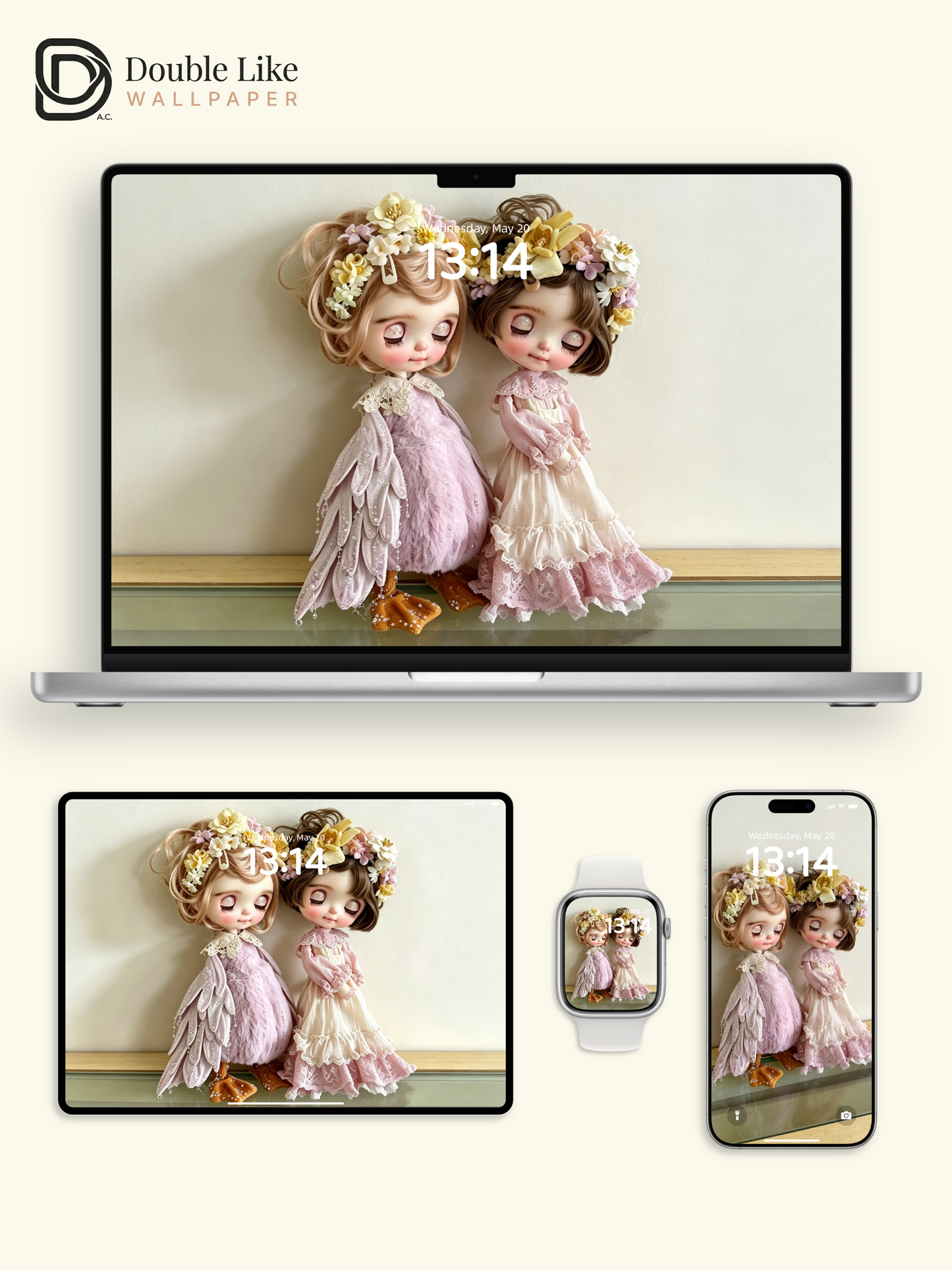 Vintage Floral Twin Blythe Dolls Pastel Dreamy Aesthetic Wallpaper [#HWWs003]