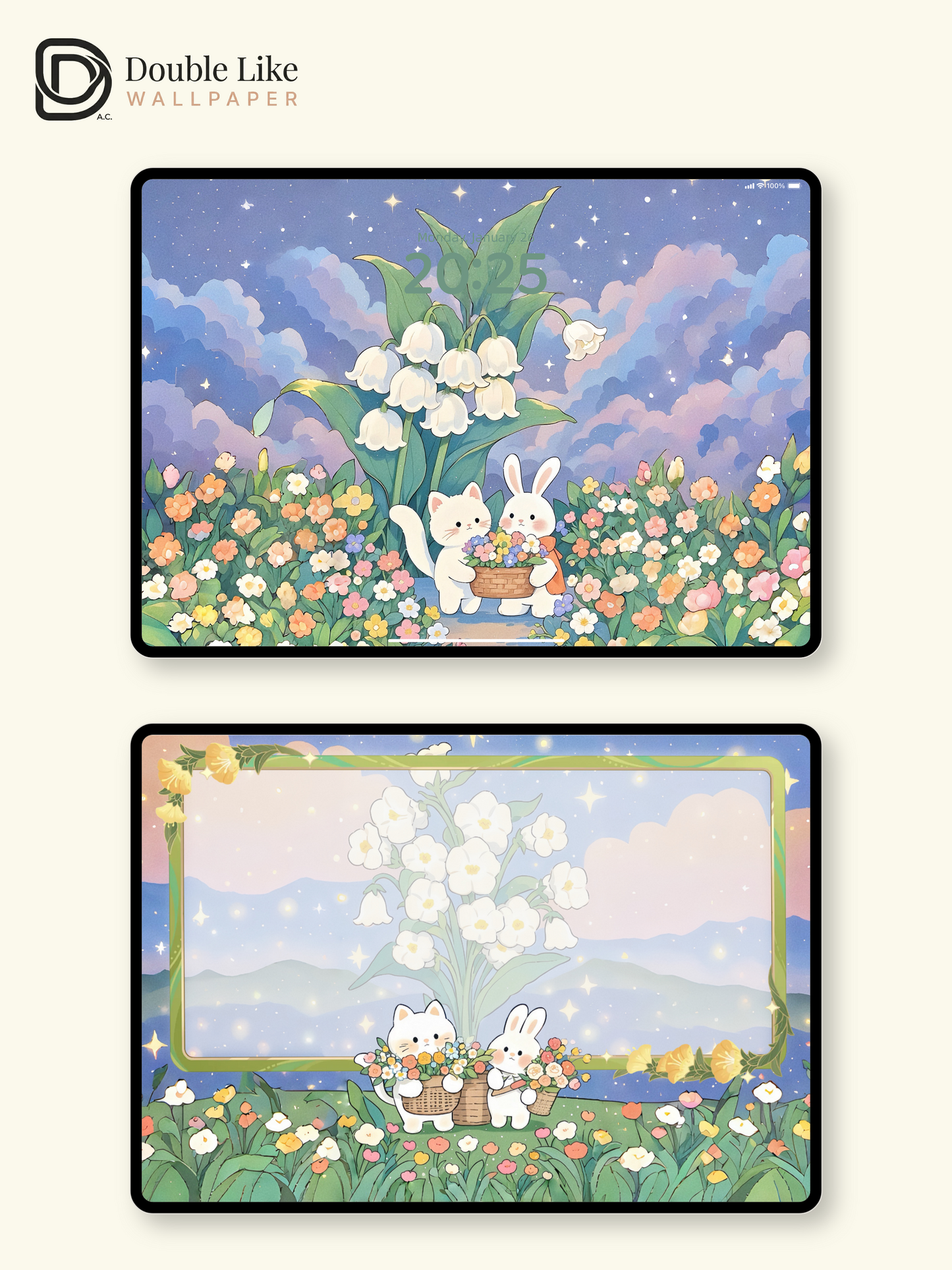 Cute Cat and Bunny Pastel Starry Garden Illustration Wallpaper Pack [#JJ05]