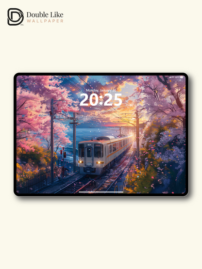 Sunset Cherry Blossom Coastal Train Anime Aesthetic Wallpaper Pack [#WGF043]