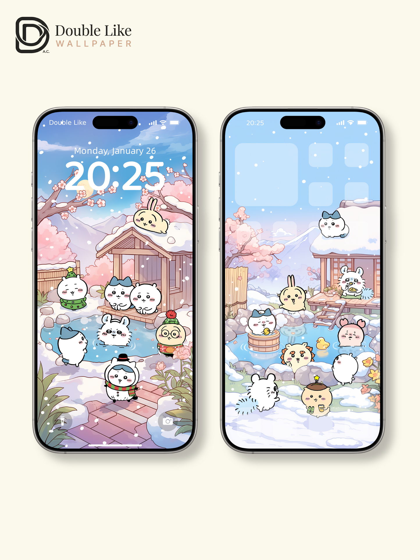 Snowy Onsen & Cherry Blossoms – Cute Animal Winter Healing Wallpaper Set (Lock Screen + Home Screen) [#CKW302]