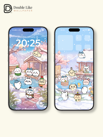 Snowy Onsen & Cherry Blossoms – Cute Animal Winter Healing Wallpaper Set (Lock Screen + Home Screen) [#CKW302]