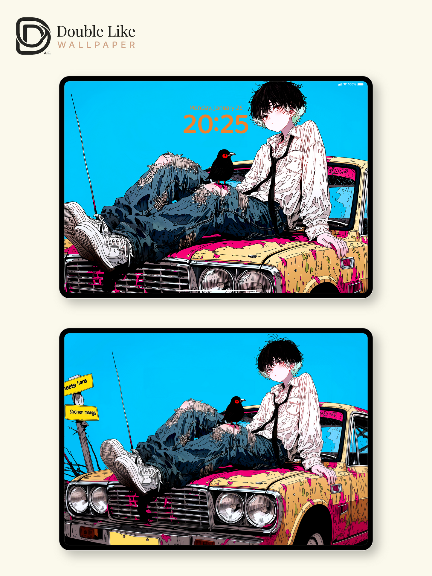 Retro Anime Boy Vintage Car Cyan Sky Urban Grunge Aesthetic Wallpaper Pack [#HW1515]