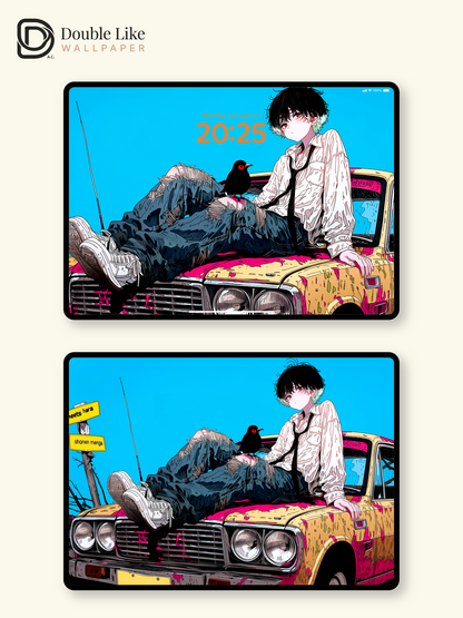 Retro Anime Boy Vintage Car Cyan Sky Urban Grunge Aesthetic Wallpaper Pack [#HW1515]