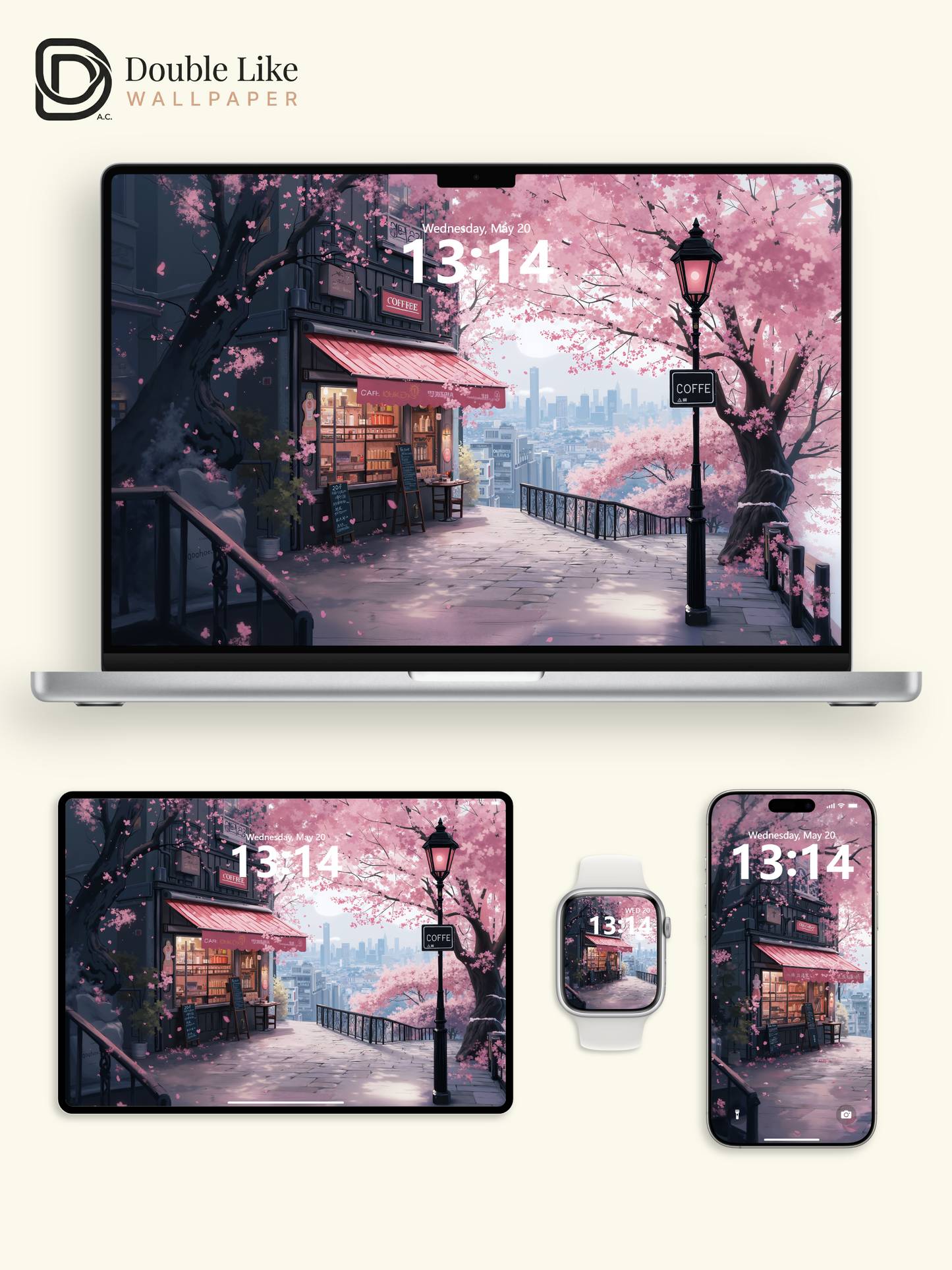 Spring Cherry Blossom Cafe City View Anime Romantic Aesthetic Wallpaper Pack [#WGF023]