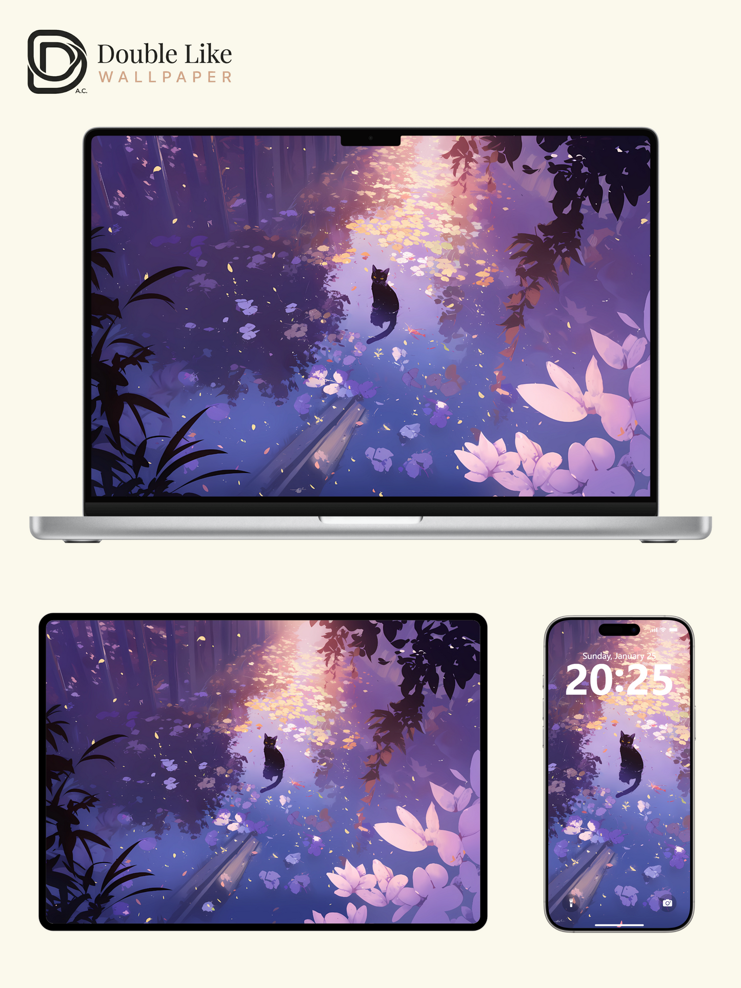 Mystical Purple Pond Black Cat Dreamy Digital Art Wallpaper Pack [#WGF008]