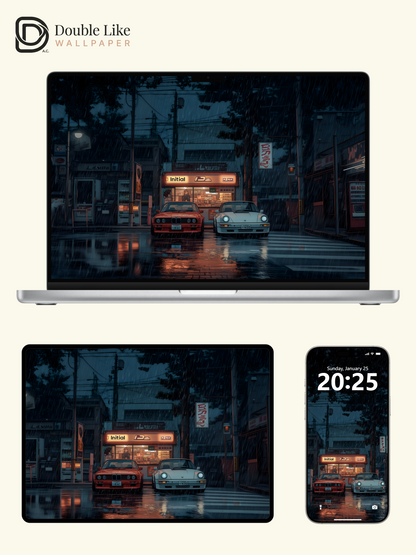 Rainy Japanese Street Vintage Cars Cinematic Aesthetic Wallpaper Pack [#WGF115]