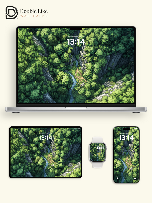 Green Forest River Aerial Illustration Wallpaper Pack [#ZJY478]