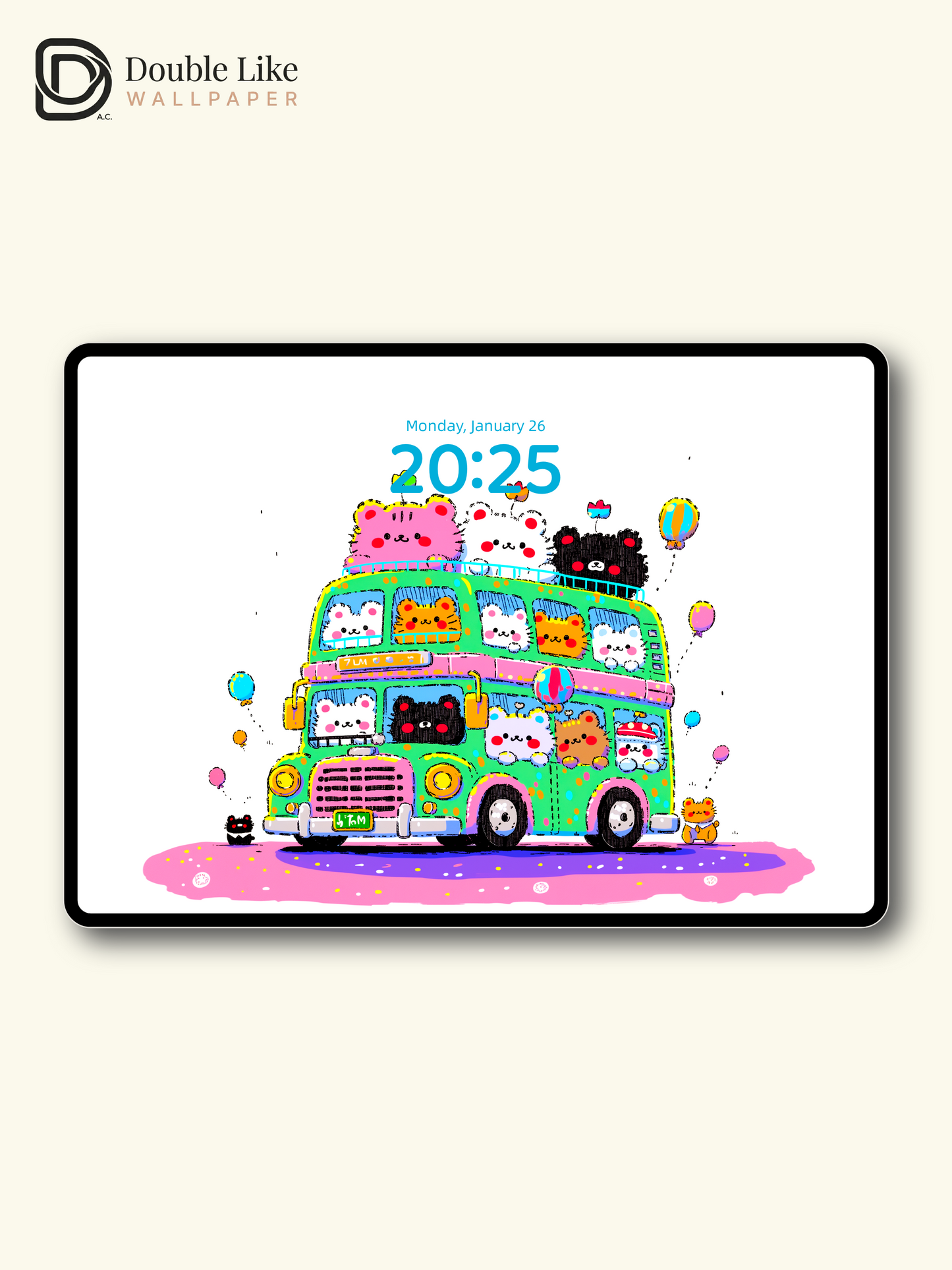 Cute Kawaii Animals Green Tour Bus Giant Bear Aesthetic Wallpaper Pack [#HW1507]