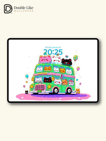 Cute Kawaii Animals Green Tour Bus Giant Bear Aesthetic Wallpaper Pack [#HW1507]