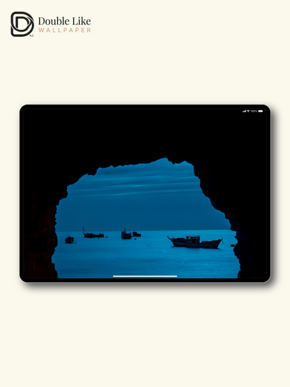 Combined Product Name: Cave Framed Deep Blue Sea Lone Fishing Boat Lonely Calming Atmospheric Cool Tone Ocean Landscape Full-Device Wallpaper Pack [#ZMY029]