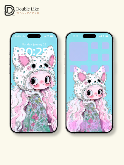 Kawaii Anime Girl Fluffy Animal Hat Pastel Wallpaper [#HW1482]