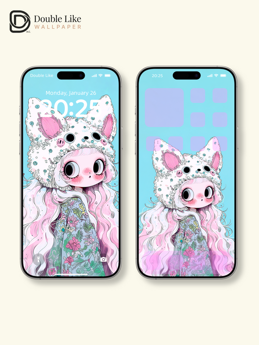 Kawaii Anime Girl Fluffy Animal Hat Pastel Wallpaper [#HW1482]
