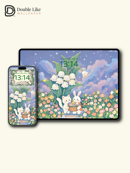 Cute Cat and Bunny Pastel Starry Garden Illustration Wallpaper Pack [#JJ05]