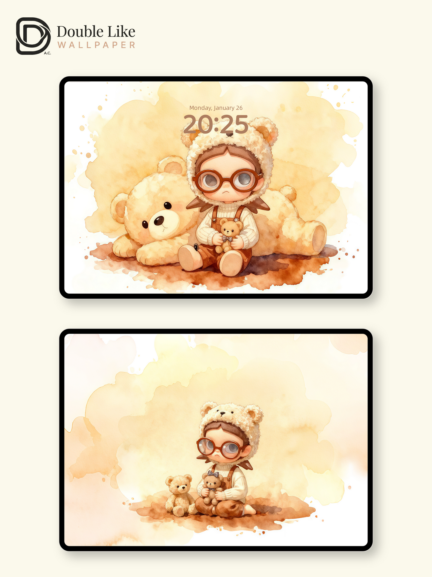 Cozy Teddy Bear Hug Wallpaper – Cute Big-Eyes Kid Watercolor Lock Screen Set  [#JJ228]