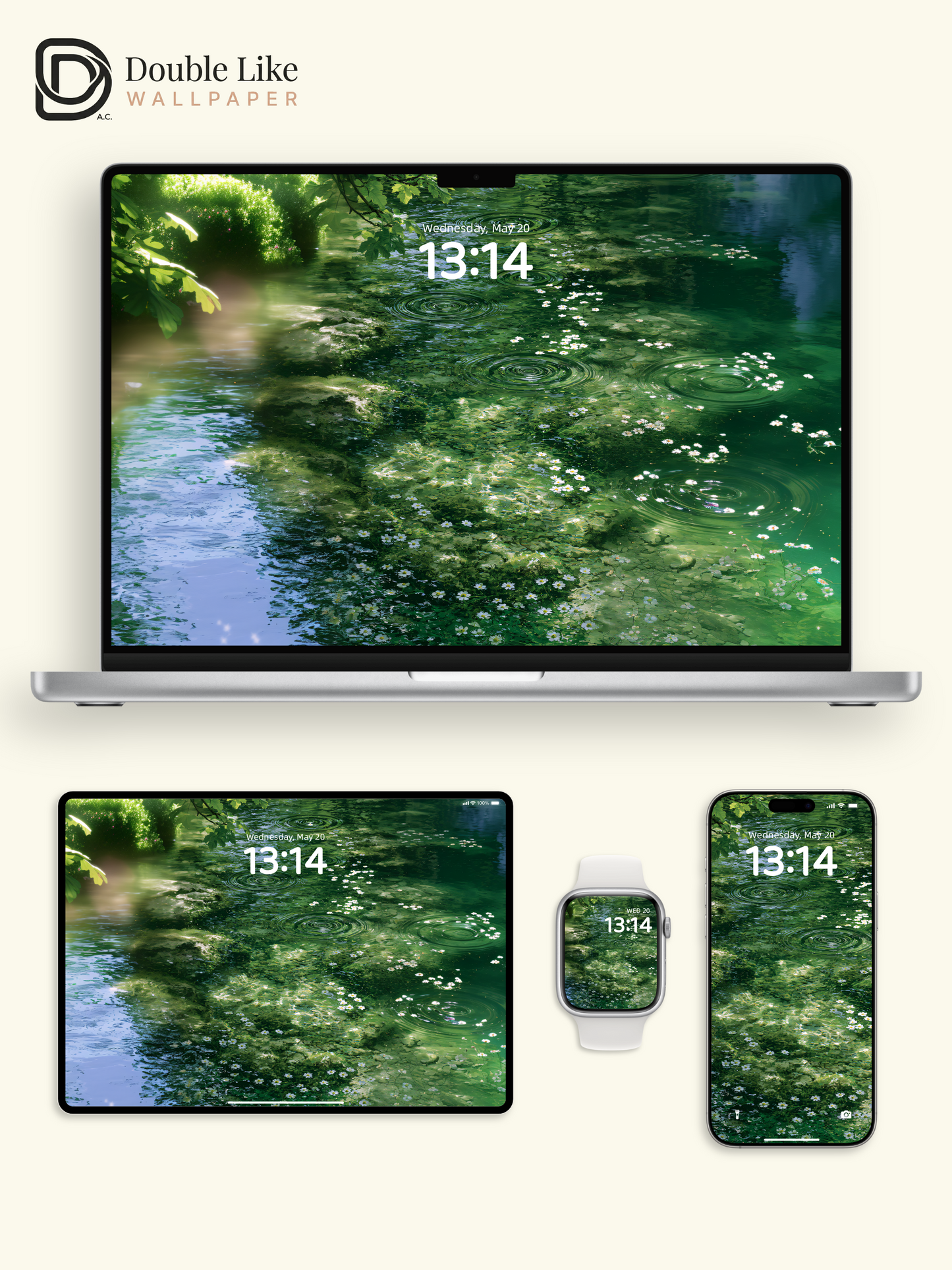 Anime Aesthetic Emerald River Water Ripples & Flowers Wallpaper Pack [#JJ1382]