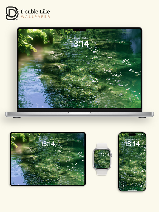 Anime Aesthetic Emerald River Water Ripples & Flowers Wallpaper Pack [#JJ1382]