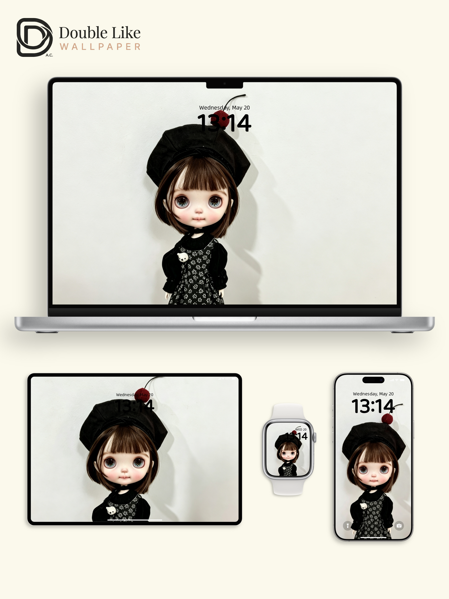 Healing Dark Coquette Blythe Doll Black Beret Cherry Aesthetic Wallpaper [#HWWs013]