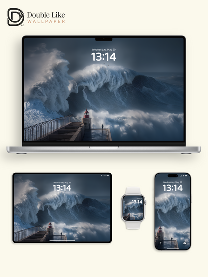 Nazaré Colossal Ocean Wave & Red Lighthouse Nature Wallpaper Pack [#JJ1255]
