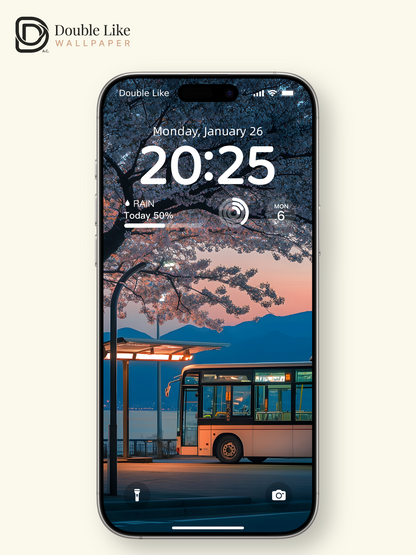 Spring Cherry Blossom Bus Stop Twilight Landscape Wallpaper Pack [#ZJYX0452]