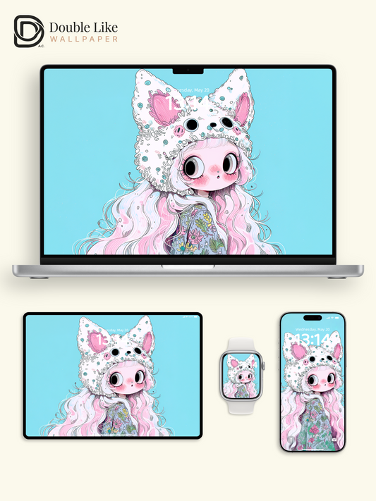 Kawaii Anime Girl Fluffy Animal Hat Pastel Wallpaper [#HW1482]